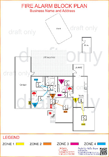 Fire alarm block plan with labeled zones on a floor layout.