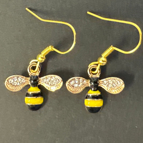 Bee-shaped earrings with gold, black, and yellow colors 