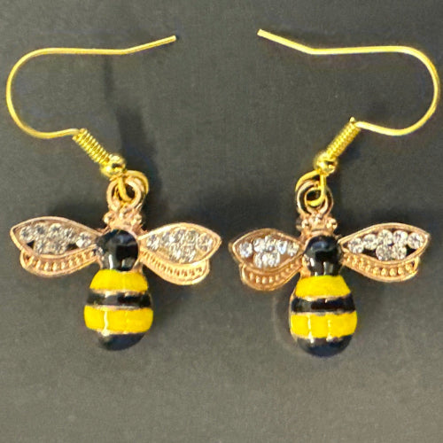 Bee-shaped earrings with gold, black, and yellow colors 
