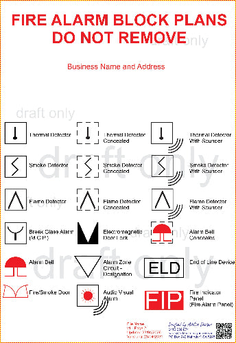 Fire alarm block plan diagram with symbols and text on a white background