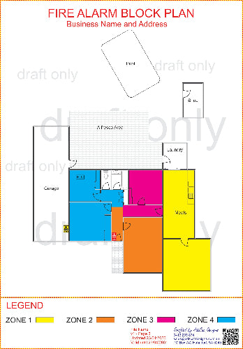 Fire alarm block plan with labeled zones and floor layout